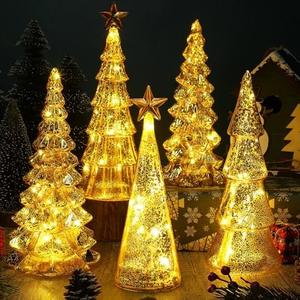Soaoo 5 Pcs Mercury Glass Christmas Tree with LED Lights 10 Inch Large Figurine Lighted Christmas Tree Decoration Light up Tabletop Glass Decor for Home Table Centerpiece(Gold)