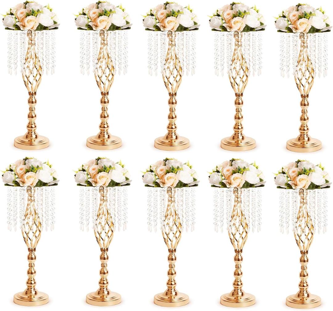 10pcs Gold Metal Flower Vases Crystal Flower Stand Wedding Centerpieces for Tables Party Dinner Event Restaurant Hotel Decoration