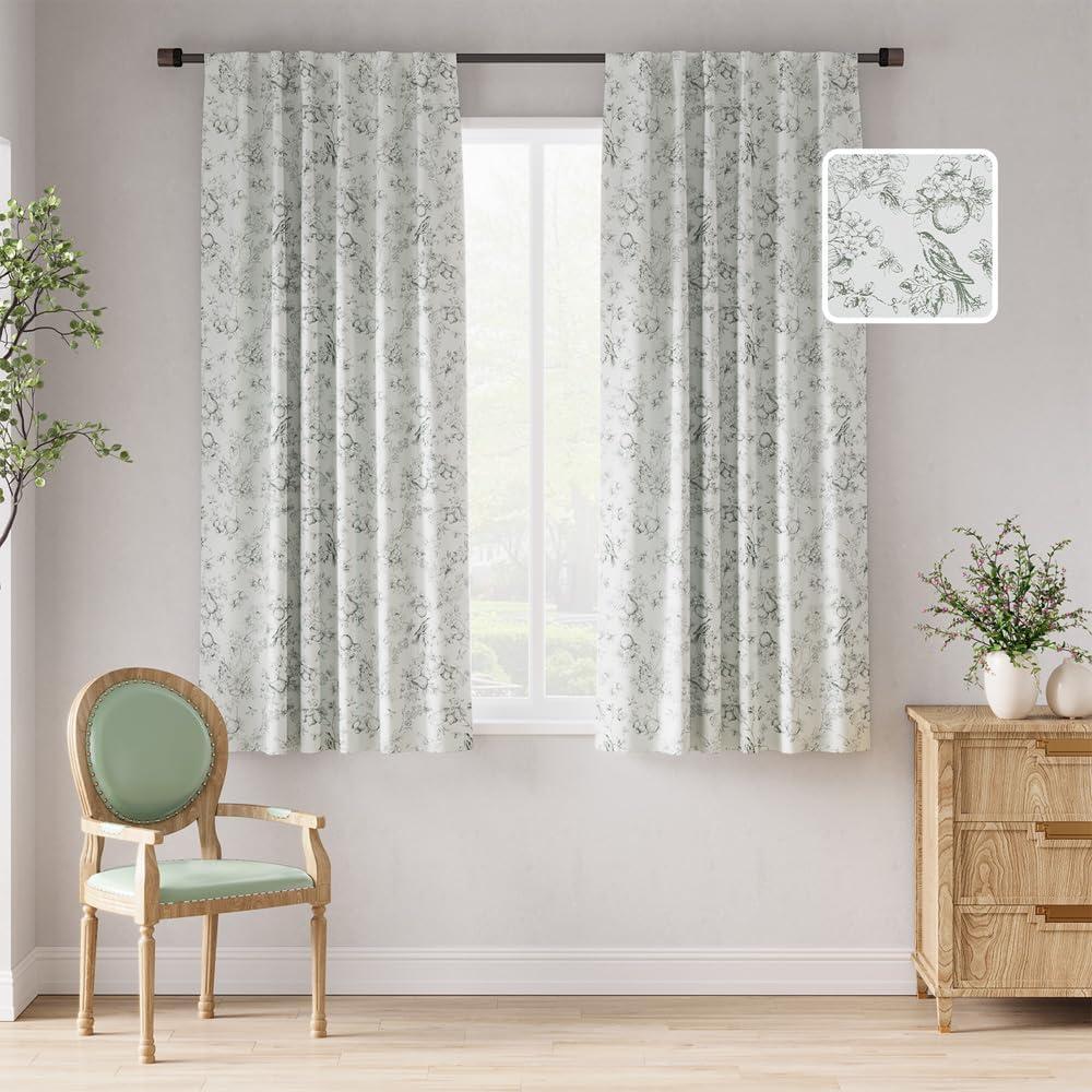 jinchan 95% Blackout Floral Curtains 63 Inch Length, Printed Flower Sage Green Blackout Curtain for Bedroom Rod Pocket Back Tab Blackout Curtains Thermal Insulated Window Drapes, 2 Panels
