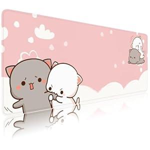 mrgik Kawaii Large Mouse Pad Pink Gaming Mouse Pad Cat XL Cute Desk Mat 31.5x11.8x0.12 inch Large Mouse Pad for Desk (Kawaii Cat-1) 