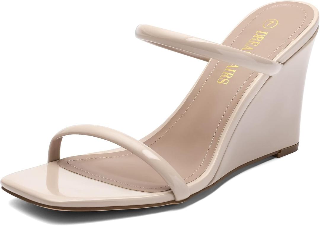 DREAM PAIRS Women's Slides Wedge Sandals Two Strap Square Open Toe Dress Shoes (10, Nude)