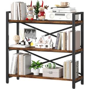 3 Tier Bookshelf 31.49" Width, Wood and Metal Etagere Bookcase, Vintage Farmhouse Modern Wooden Big Book Shelf for Home Living Room Bedroom Office Storage(Rustic Brown)