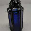 Vela Lanterns 12" Metal Moroccan Decorative LED Fairy Light Candle Lantern Holder for Hanging or Table, Indoor Home Decor, Outdoor Patio or Porch, Weddings, Cobalt Glass, Large
