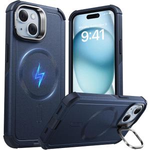 ESR for iPhone 15 Case with Stand, 23 ft Military-Grade Drop Protection Heavy Duty Magnetic Phone Case, Compatible with MagSafe Accessories, Cyber Series, Blue