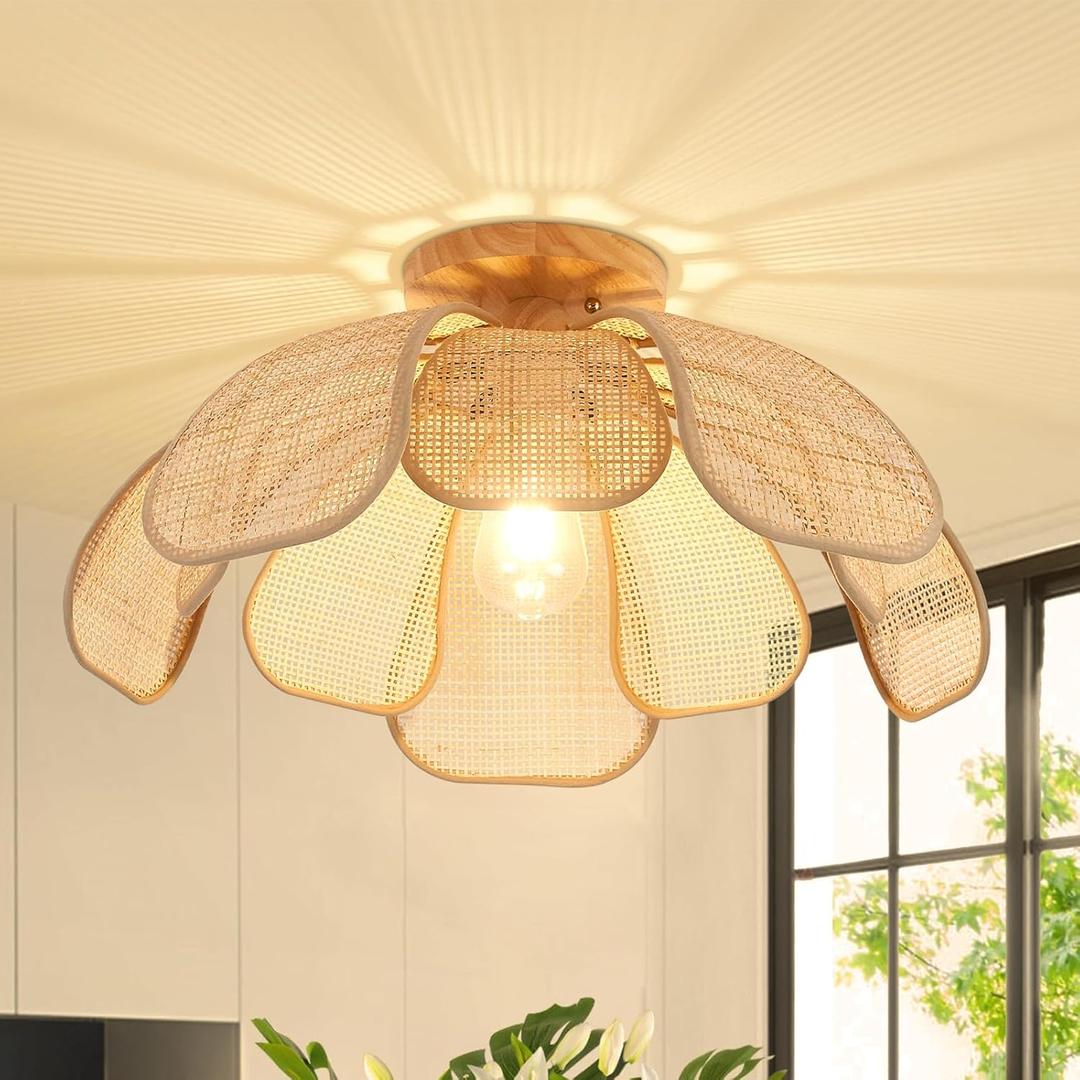 20 Inch Boho Flower Ceiling Light Flush Mount Farmhouse Rattan Light Fixtures for Bedroom Kitchen Dining Room Foyer Hallway Entryway (Yellow)