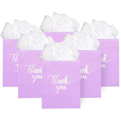50 Pack Medium Sized Lavender Purple Gift Bags Thank You Paper Bags with Handles 10''x8''x4'' and 50 White Tissue Paper for Business, Wedding Baby Shower Birthday Party Favors, Christmas Gifts