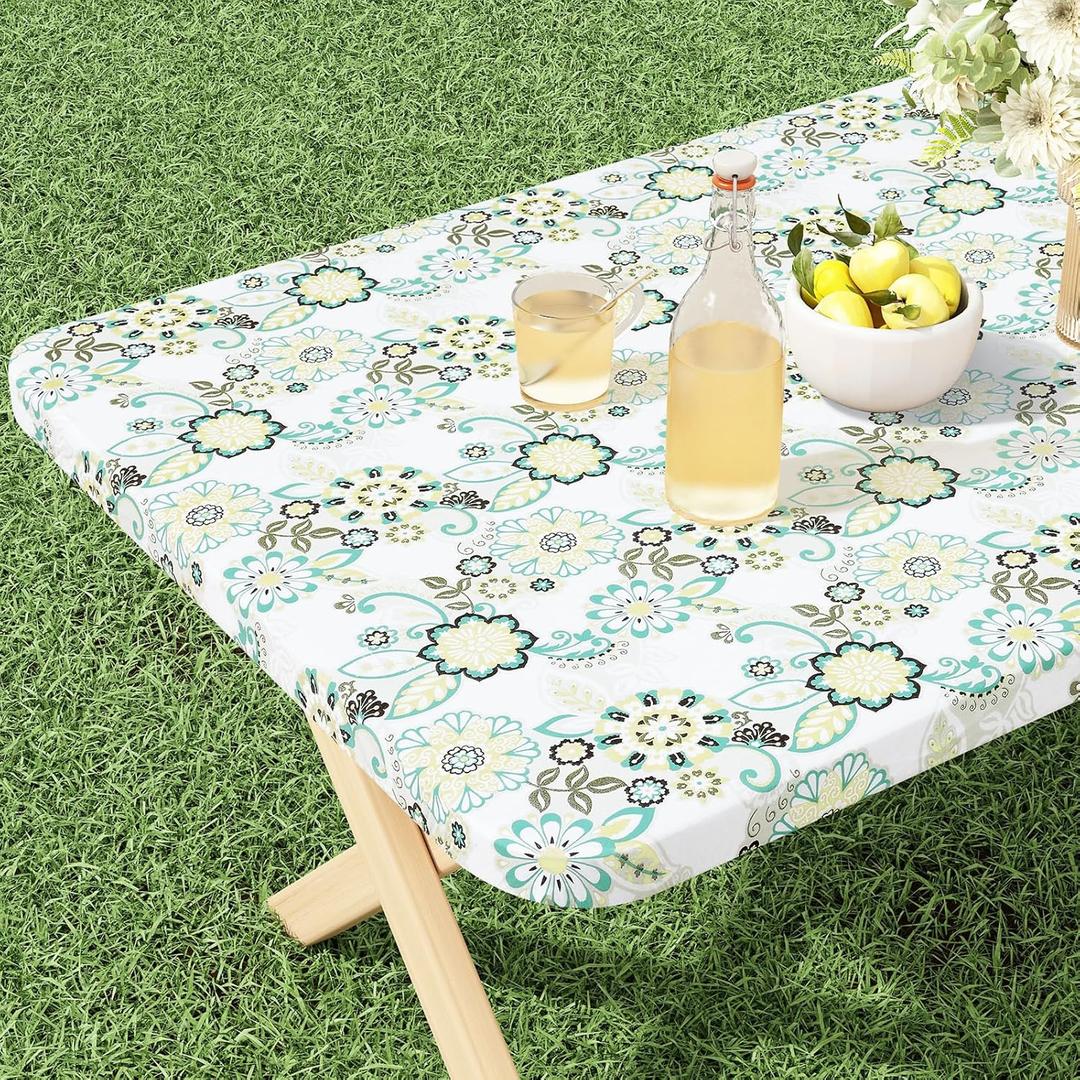 misaya Rectangle Vinyl Tablecloth, Fitted Table Cover, 100% Waterproof, Elastic Edge, Flannel Backing, Table Cloth Fit 6 Foot Folding Tables for Picnic, Camping, Outdoor (Paisley Flower, 30x72 inch)