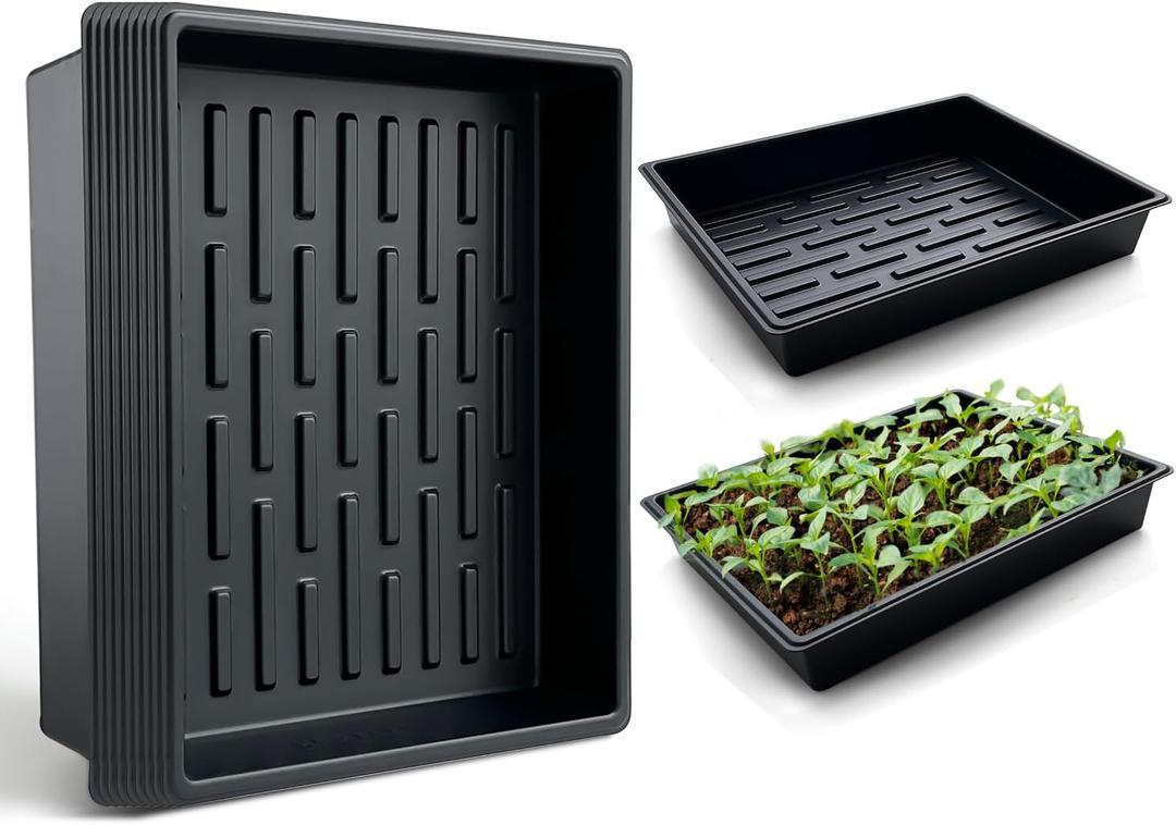Seed Starter Tray, 10 Packs Plant Tray, Durable Plastic Growing Trays, Stackable Seedling Starter Trays Perfect for Indoor, Outdoor, Greenhouses, 16.5" L x 13.2" W x 2.8" H - Black