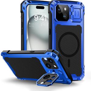 Lanhiem for iPhone 15 Plus Metal Case, [Built-in Camera Kickstand & Glass Screen Protector] Heavy Duty Full Body Military Rugged Shockproof Magnetic Aluminum Alloy Cover for 15 Plus 6.7" (Blue)
