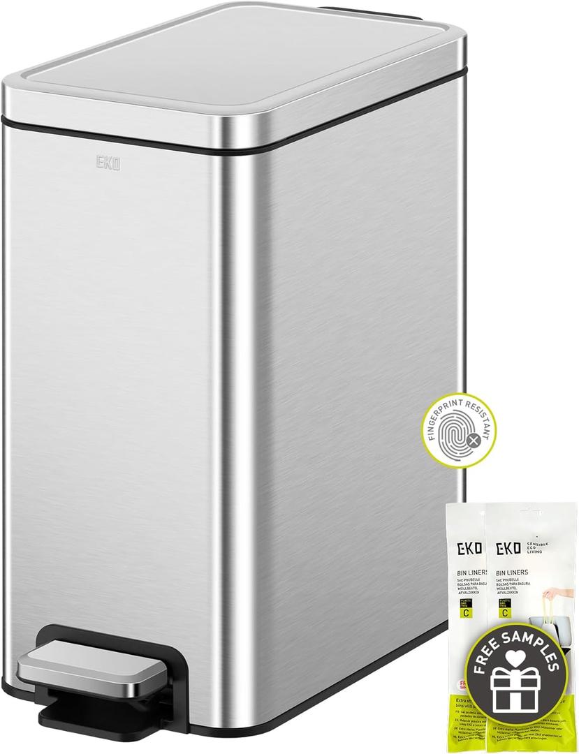 EKO Small Bathroom Trash Can with Lid Soft Close, Step Pedal, 10 Liter / 2.6 Gallon Stainless Steel Garbage Can with Removable Inner Bucket, Anti-Fingerprint Finish (Silver) EKO Small Bathroom Trash Can with Lid Soft Close, Step Pedal, 10 Liter / 2.6 Gallon Stainless Steel Garbage Can with Removable Inner Bucket, Anti-Fingerprint Finish (Silver)