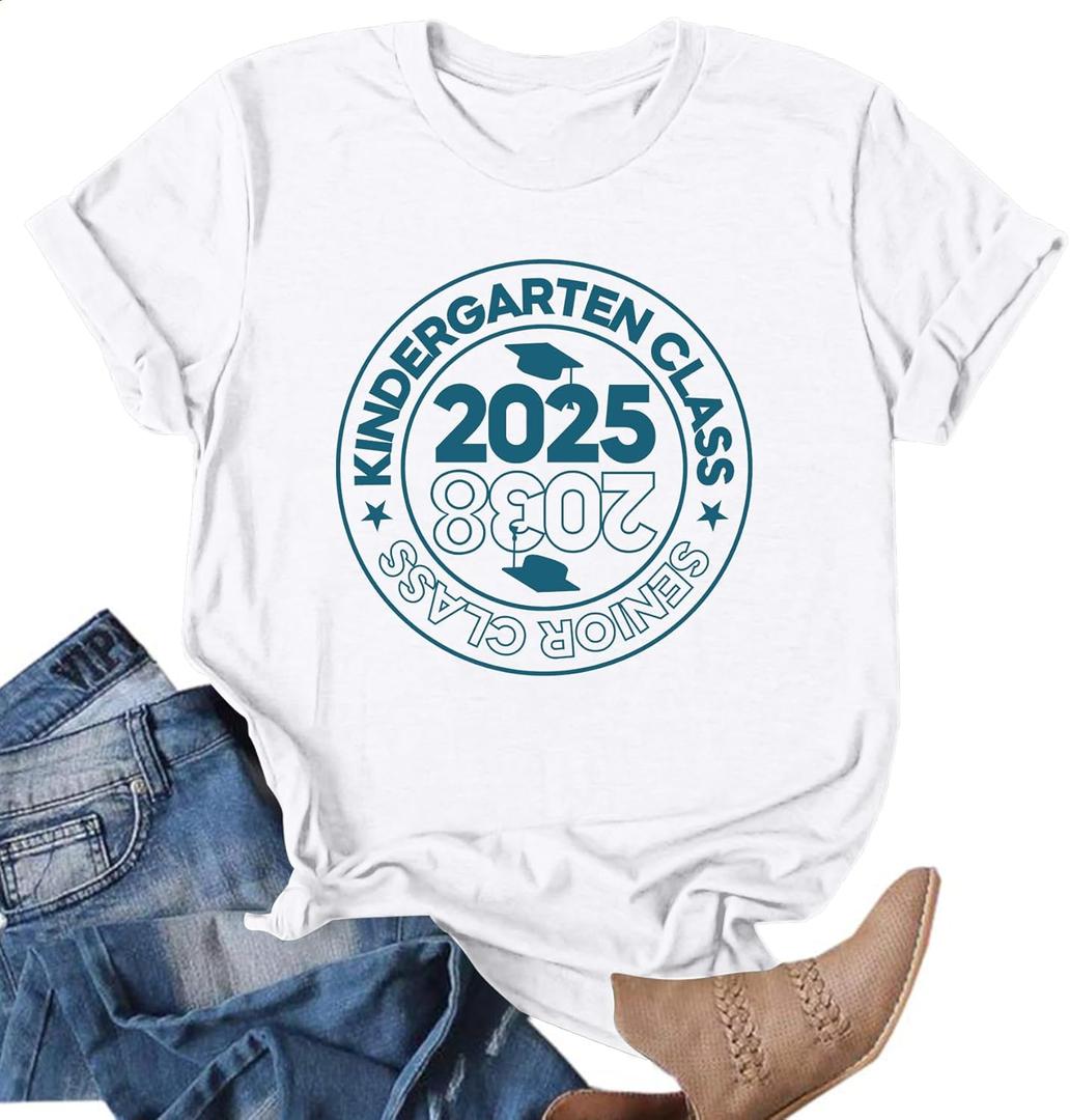 Class of 2038 Shirts Women First Day of Kindergarten Teacher Shirt Grow with Me Short Sleeve Gift Tee Tops (White, XL)