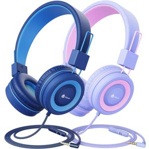 iClever [2 Pack] Kids Headphones with Microphone for Online Schooling - Safe Volume Limited 85dB/94dB, Adjustable Foldable Headphones for Girls/Boys/Airplane/Computer/Laptop (Purple&Blue)
