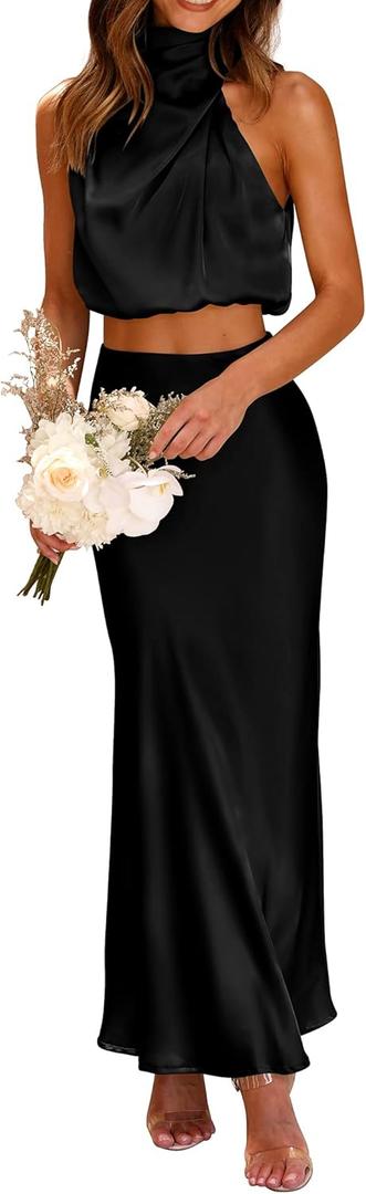 PRETTYGARDEN Women's 2 Piece Satin Outfits Summer Sleeveless Mock Neck Crop Tops and Long Skirt Dress Sets (Black)