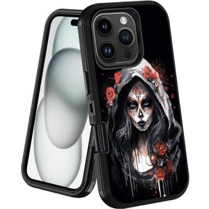 stmedazm for iPhone 16 Pro Max Case, Military Grade Heavy Duty [3-Layer] Dustproof Shockproof Drop Full-Body Protective Case for iPhone 16 Pro Max (6.9", 2024), Watercolor Art Sugar Skull Girl Flower
