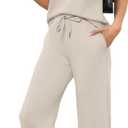 Saloogoe Two Piece Sets for Women Summer Outfits Lounge Sets V Neck Tops Wide Leg Pants Woman Vacation Travel Outfits (Medium, Beige)