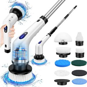 Electric Spin Scrubber, 9 in 1 Electric Cleaning Brush with Extension Handle and 9 Replaceable Brush Heads, 380RPM Rechargeable Power Scrubber for Bathroom, Sink, Shower, Kitchen, Floor, Car, Black