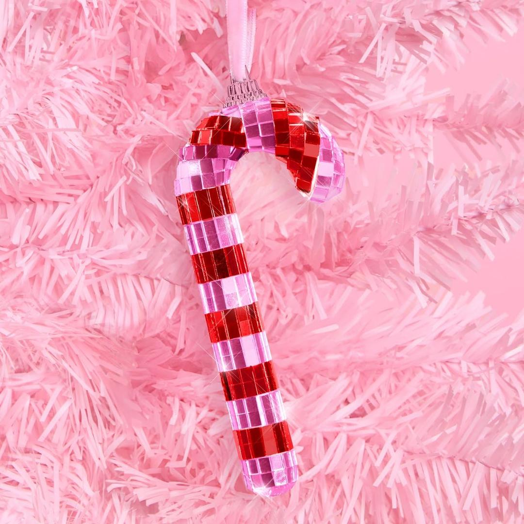Xo, Fetti Disco Pink Candy Cane Ornament | Christmas Tree Decorations, Pinkmas Holiday Party, Cute Girly Winter Gift, Stocking Stuffer