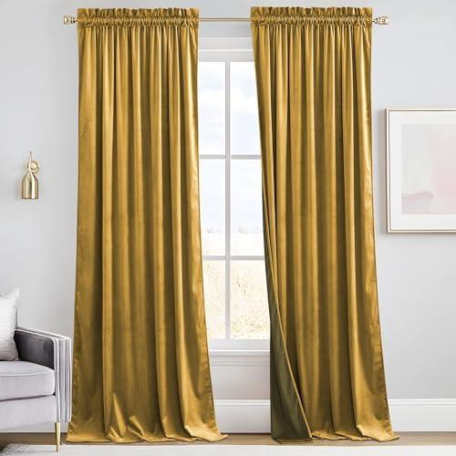 RYB HOME Rich Gold Brown Velvet Curtains 84 inches, Thermal Insulated, Light Blocking, Elegant Rod Pocket Velvet Drapes for Living Room, 52" W x L84 L, 2 Panels Set