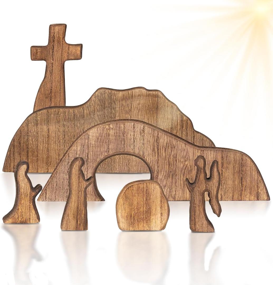 Empty Tomb Easter Scene and Cross Decoration, Jesus Tomb Tray Bundle Kit, Wooden Easter Jesus Sign Tiered Tray Decorations for Religious Home Office Tabletop Christian Gifts (Wood - B)