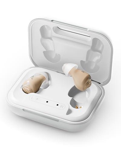 Hearing Aids for Seniors, Rechargeable OTC Hearing Aids with Noise Reduction, Providing Clear Sound Quality and Comfortable Wearing for Adults Hearing Loss, Invisible In-Ear Design (Light White)