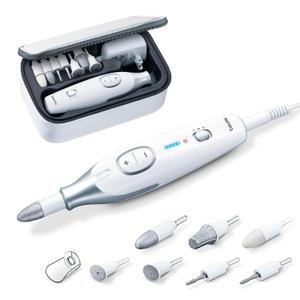 Beurer MP42 Nail Drill, 7-in-1 Nail Kit with Strong Sapphire Nail Drill Bits, Electric Nail File and Nail Buffer Includes Bright LED Light, Pedicure Kit and Manicure Set with Storage Case (White - 7 Attachments)