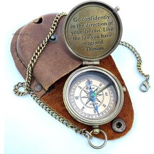 ANTIQUANA Brass Compass Unique Print Go Confidently Quote Compass With Leather Case Antique Brass Compass With Chain A Great Gift Item For Your Loved Ones Hikers And Traveler By