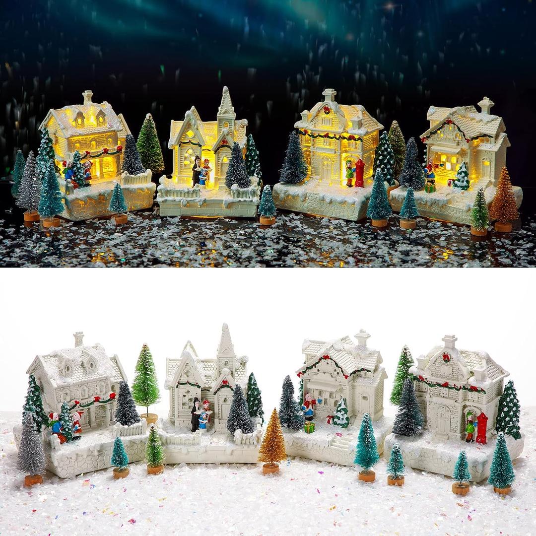 Tuanse 15 Pcs Christmas Village Accessories Set 4 LED Lighted Village Houses 10 Frosted Trees 3.5 oz Fake Snow for Christmas Collection Tabletop Mantel Shelf Indoor Room Decor (Elegant)