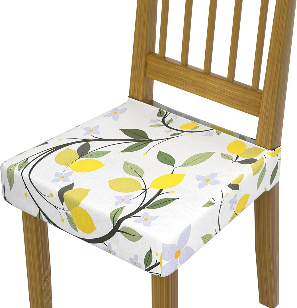 Chair Seat Covers Dining Room Set of 6,Soft Printed Patterned Stretch Non Slip Removable Washable Dining Seat Cover Protector Cover for Home Hotel Banquet Wedding Party (Yellow Lemon Light Blue Flower