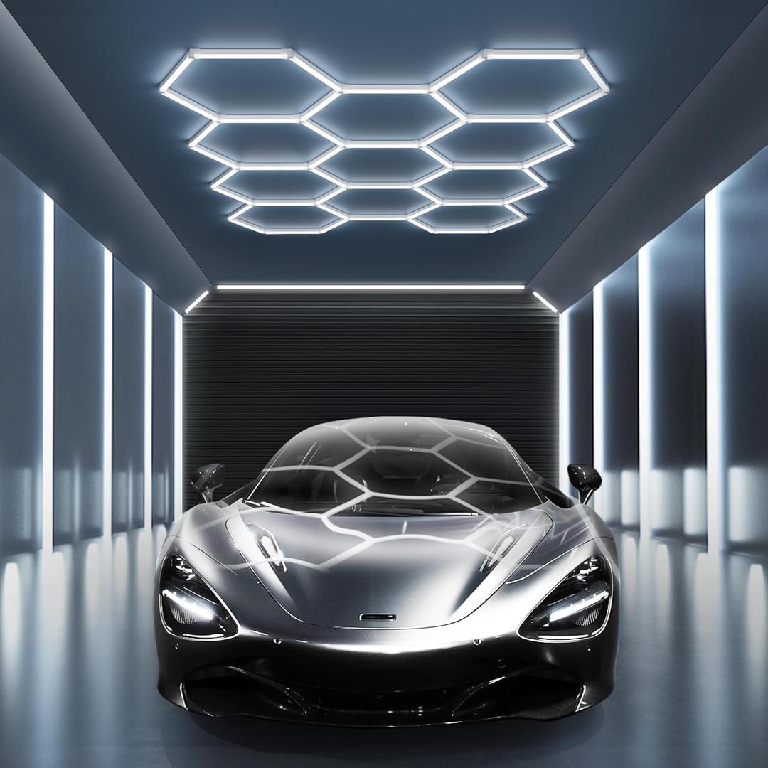 MODERN 11 Hexagon LED Garage Light, Ultra-Bright 6500K Natural White, 11 Grids for Garage, Mall, Shop, and Auto Detailing. MODERN 11 Hexagon LED Garage Light, Ultra-Bright 6500K Natural White, 11 Grids for Garage, Mall, Shop, and Auto Detailing.