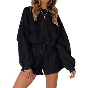 MEROKEETY Women\'s 2025 Fall Oversized Batwing Sleeve Lounge Sets Casual Top and Shorts 2 Piece Outfits Sweatsuit L