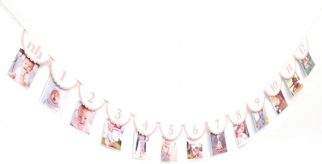 Pink Monthly Milestone Photo Banner - Baby Girl First Year Photo Banner, Pink 1st Birthday Party Decoration for Girl, Newborn to 12 Months Photo Garland, Girl Birthday Cake Smash Photo Props Backdrop