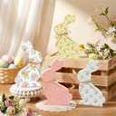 Amyhill 4 Pcs Easter Bunny Table Decorations Easter Rabbit Tiered Tray Decor Floral Pastel Bunny Signs Wooden Table Signs Boho Rustic Spring Tabletop Centerpieces for Spring Office Dining Room Home