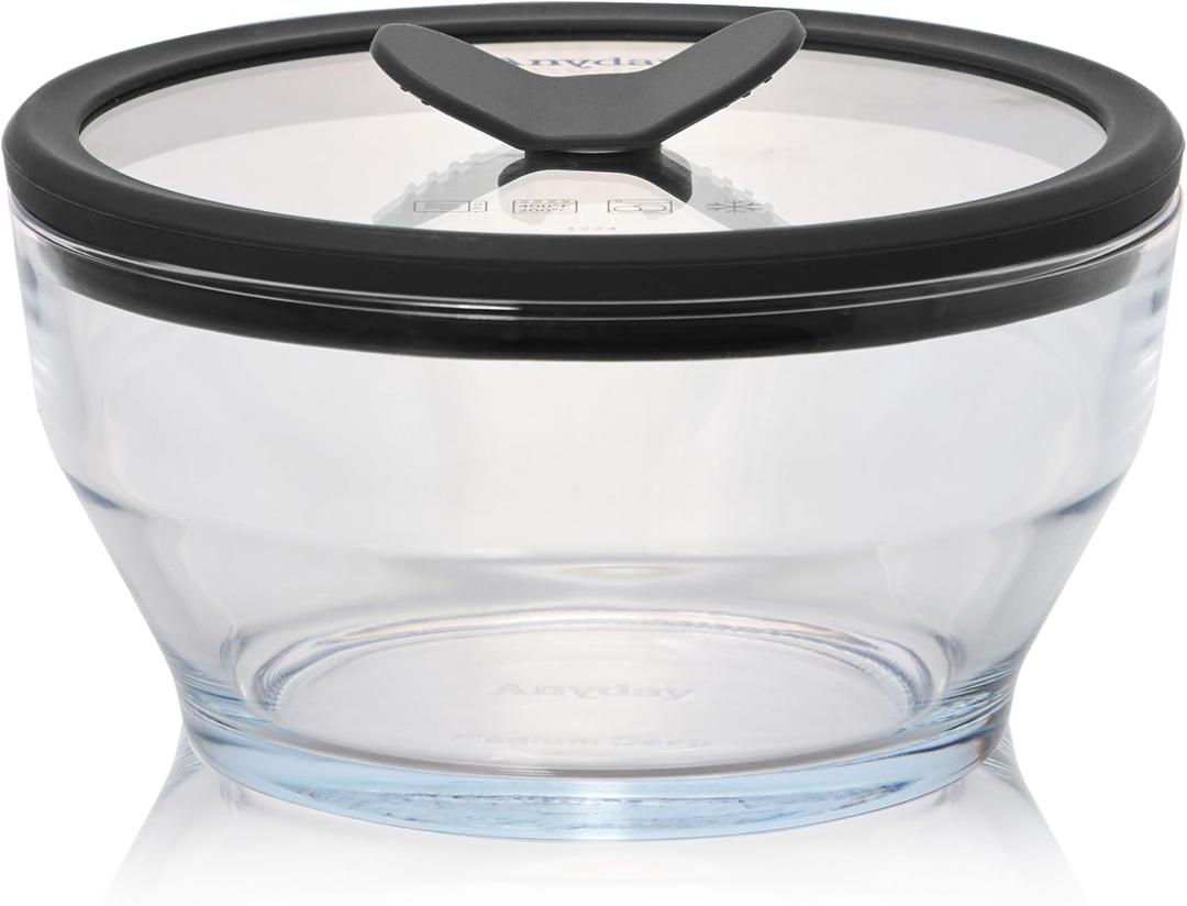 Anyday 4-Cup Glass Food Storage with Glass Lid, Round Deep Dish | Plastic-Free Meal Prep & Microwave Cookware | Stackable Airtight Storage Container with Vented Lid for Microwave-Safe Reheating