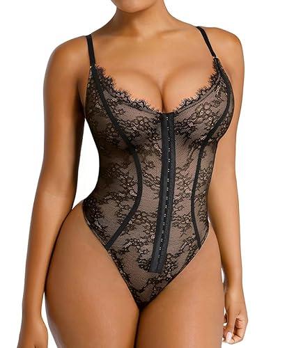 SHAPELLX Lace Bodysuit for Women Tummy Control Body Suits Shapewear Body Shaper Thongs Black XS