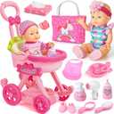 Golray Girl Baby Doll Stroller Toy Set with 12" Baby Doll & 17pcs Baby Doll Accessories Handbag/Clothes/Sunshade/Feeding Nursery Pretend Play Toy Birthday Gift for Toddler Girls 3 4 5 6 7 Years Old