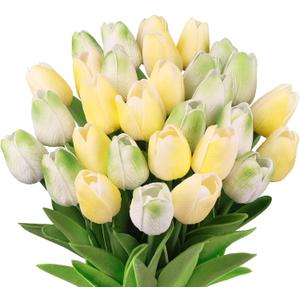 MACTING 30 PCS Artificial Tulip Flowers 13.7" Real Touch Fake Flowers Faux PU Tulips for Floral Arrangement Table Centerpieces Kitchen Home Indoor Outdoor Summer Decorations(Mix Green)