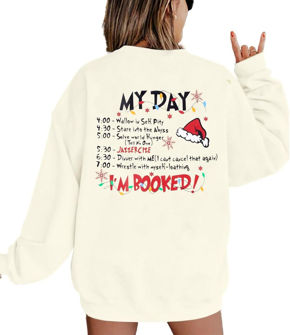 VILOVE Merry Christmas Sweatshirt Women Christmas My Christmas Day I'M Booked Hoodies Xmas Long Sleeve Sweater Blouse Top (XX-Large)