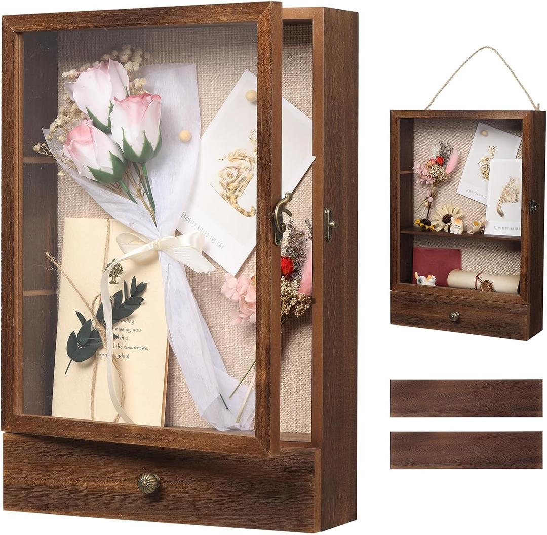 Shadow Box Frame 3" Deep, 11x16 Shadow Boxes Display Cases with Removable Shelves and Drawers, Wooden Memory Frames for Pictures, Flowers, Pet Memorial, Wedding Bouquet, Brown