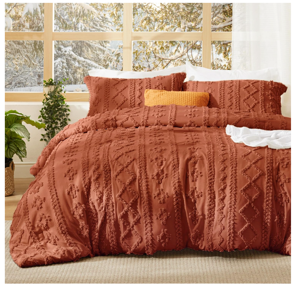 Bedsure Tufted Boho Comforter Set Full Size - Terracotta Boho Bed Set, GentleSoft™ 3 Pieces Farmhouse-Style Embroidery Bedding, Gifts for Woman, Soft Jacquard Full Comforter for All Seasons