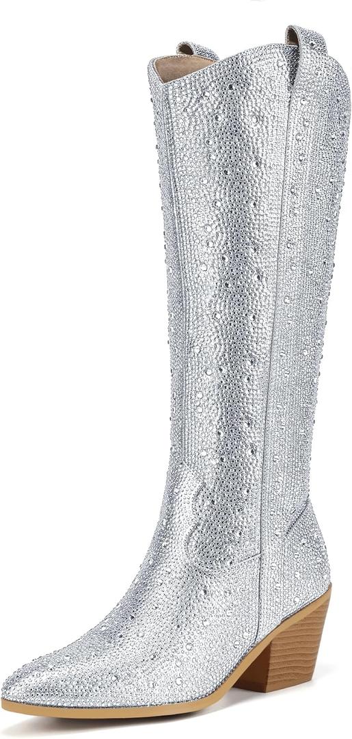 IDIFU IN3 Rhinestone Cowboy Boots For Women Knee High Western Cowgirl Boots Pointed Toe Block Chunky Heels Sparkly Glitter Long Tall Dress Booties Party Bling Shiny Boots(Rhinestone, 8)