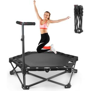 Foldable Mini Trampoline  One-Step Fold & Open, 42" Rebounder Trampoline for Adults & Kids, 450lbs Max Load, Adjustable T-Bar, Indoor & Outdoor Workout