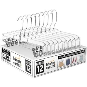 Hanger Central Premium 14 Inch Clear Pants Hangers with Adjustable Clips - 12 Pack Space-Saving Skirt Hangers - Non-Slip Heavy Duty Plastic Closet Organizers with 360 Swivel Hook