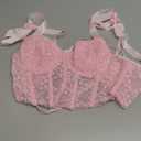 SHYMMUO Lace Corset Tops for Women Bustier Crop Top Sexy Lingerie Ribbon Straps Camisole (Pink) XL