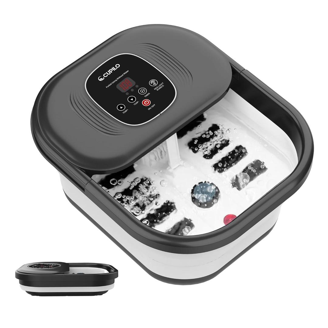 Foot Spa Bath Massager with Heat, Collapsible Foot Massager Spa Soaking Tub with Bubbles, Red Light, Pumice Stone, and Shiatsu Massage Rollers, Pedicure Foot Spa for Relaxation, Gifts (Black)