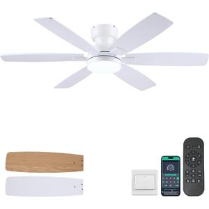52" Ceiling Fans with Lights, Low Profile Ceiling Fan with Light and Remote/APP Control, Flush Mount Ceiling Fan with 6 Reversible Fan Blades, 3CCT, Dimmable, Quiet Motor for Kidsroom White