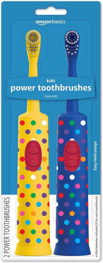 Amazon Basics Kids Electric Toothbrush, Battery Powered, Soft Bristles, Oscillating Brush Head, Ages 4+, 2 Count, 1-Pack (Previously Solimo)