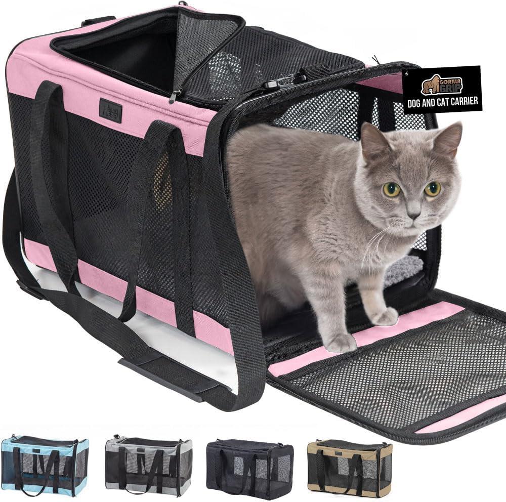 GORILLA GRIP Cat Carrier Travel Bag Up to 15 Lbs, Soft Collapsible Small Dog Carriers, Top and Side Entry Breathable Mesh, Grip Feet on Underside, Cozy Washable Waterproof Pad, Portable Kennel, Pink (17.0"L x 11.0"W x 11.0"H)