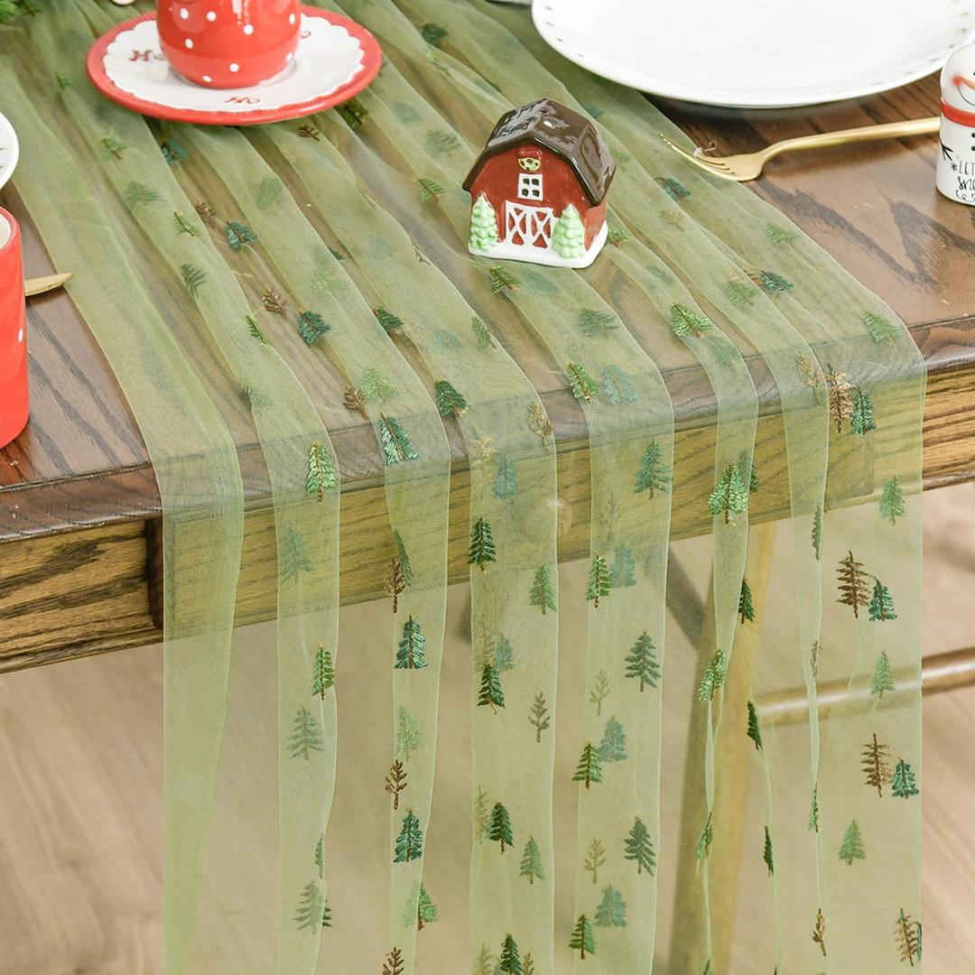 Artoid Mode Embroidery Xmas Trees Fern Green Gauze Table Runner 120 Inch 10FT, Winter Sheer Dining Holiday Wedding Birthday Table Decor for Home Party