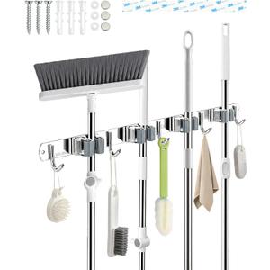 4 Racks and 5 Hooks Mop and Broom Holder Wall Mount, 304 Stainless Steel Broom Hanger Organizer for Home Kitchen Garden Laundry Garage