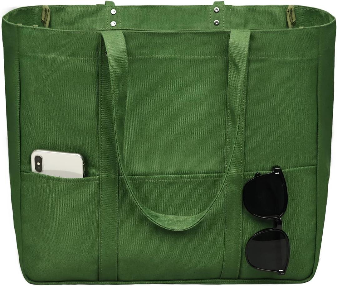Large Canvas Tote Bag for Women - Utility Work Tote with Zipper Foldable Heavy Duty Shopping Bag
